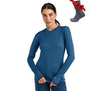 Merino.tech Chemise Femme Laine Merinos - Premium Merino Haut Thermique Femme Léger + Chaussettes de randonnée en Laine mérinos (X-Large, 165 Denim Blue)