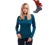 Merino.tech Chemise Femme Laine Merinos - Premium Merino Haut Thermique Femme Mi-Lourd + Chaussettes de randonnée en Laine mérinos (Large, 250 Deep Teal)