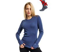 Merino.tech Chemise Femme Laine Merinos - Premium Merino Haut Thermique Femme Mi-Lourd + Chaussettes de randonnée en Laine mérinos (Medium, Windsor Blue 250)