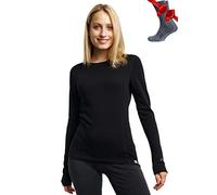 Merino.tech Chemise Femme Laine Merinos - Premium Merino Haut Thermique Femme Mi-Lourd + Chaussettes de randonnée en Laine mérinos (XX-Large, Black 250)