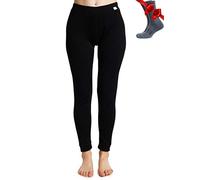 Merino.tech Laine Merinos Pantalon Femme - Leggings Thermique Femme 100% Merino Wool Lourd, Moyen, Léger avec Chaussettes (X-Small, Black)