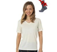 Merino.tech T Shirt Merinos Femme - Laine Merinos Chemise Femme + Chaussettes de randonnée en Laine Mérinos (Medium, Creamy White V-Neck)