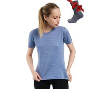 Merino.tech T Shirt Merinos Femme - Laine Merinos Chemise Femme + Chaussettes de randonnée en Laine Mérinos (Medium, Deep Blue Crewneck)