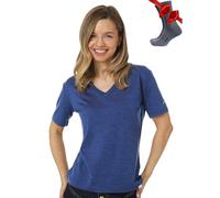 Merino.tech T Shirt Merinos Femme - Laine Merinos Chemise Femme + Chaussettes de randonnée en Laine Mérinos (Medium, Windsor Blue V-Neck)
