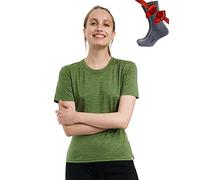 Merino.tech T Shirt Merinos Femme - Laine Merinos Chemise Femme + Chaussettes de randonnée en Laine Mérinos (Medium, Green Olive Crewneck)