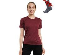 Merino.tech T Shirt Merinos Femme - Laine Merinos Chemise Femme + Chaussettes de randonnée en Laine Mérinos (Medium, Burgundy Crewneck)
