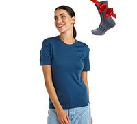 Merino.tech T Shirt Merinos Femme - Laine Merinos Chemise Femme + Chaussettes de randonnée en Laine Mérinos (X-Large, Denim Blue Crewneck)