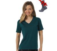 Merino.tech T Shirt Merinos Femme - Laine Merinos Chemise Femme + Chaussettes de randonnée en Laine Mérinos (Large, Deep Teal V-Neck)