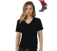 Merino.tech T Shirt Merinos Femme - Laine Merinos Chemise Femme + Chaussettes de randonnée en Laine Mérinos (Large, Black V-Neck)