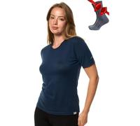 Merino.tech T Shirt Merinos Femme - Laine Merinos Chemise Femme + Chaussettes de randonnée en Laine Mérinos (Small, Navy Crewneck)