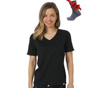 Merino.tech T Shirt Merinos Femme - Laine Merinos Chemise Femme + Chaussettes de randonnée en Laine Mérinos (XX-Large, Charcoal V-Neck)