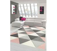 Merinos Tapis Design et Moderne avec Motif Triangle en Gris crème Rose Größe 80x150 cm