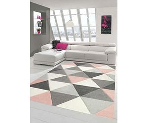 Merinos Tapis Design et Moderne avec Motif Triangle en Gris crème Rose Größe 80x150 cm