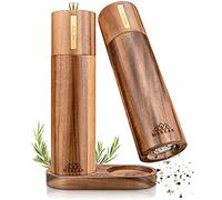 MERKAS - Moulin à sel et poivre en bois avec broyeur en céramique et soucoupe - 21,5 cm - Moulin à épices en bois d'acacia élégant - Moulin à poivre en bois grand - Ustensile de cuisine - Idée cadeau