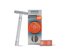 MERKUR 22C Double Edge Safety Razor - Matte Chrome | Long Knurled Brass Handle | Made in Germany | Plastic-Free | Three Piece Design | Closed Comb | Straight Bar