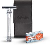 Merkur 38c 5004 Kit De Rasage De Voyage 2 Pièces Avec Long Manche Et Finition Chromée Brillante, 10 Lames À Double Tranchant Et Étui En Cuir Noir