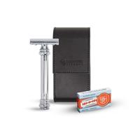 MERKUR MERKUR 38C 5004 Kit de rasage de voyage 2 pièces avec long manche et finition chromée brillante, 10 lames à double tranchant et étui en cuir noir