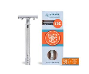 MERKUR Rasoir de sécurité 25C - Classique avec peigne à dents chromé brillant - Rasoir en trois parties avec coupe droite - Peigne ouvert - Idéal pour le rasage humide - Zinc moulé sous pression -