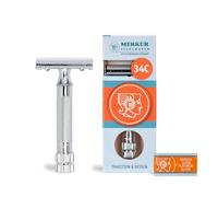 MERKUR Rasoir 34C | Poignée compacte chromée brillante | Rasoir en trois parties avec coupe droite | Peigne fermé | Idéal pour le rasage humide | Zinc moulé sous pression | Poignée en laiton |