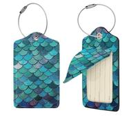 Mermaid Lot de 4 étiquettes de voyage en cuir synthétique avec dos intégral pour bagages, étiquettes personnalisées pour sacs, étiquettes de valise avec boucle en métal, noir