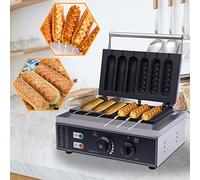 Mermajestic Gaufrier commercial 6 en 1 1500 W - Corps en acier inoxydable - Appareil à croque-monsieur - Température et temps réglables - Revêtement antiadhésif - Double plaque chauffante - Voyant