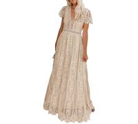 MEROKEETY - Robe Longue pour Femme avec col en V et Manches Courtes en Dentelle Florale - Mariage - Demoiselle d’Honneur - Cocktails, Abricot, Taille M