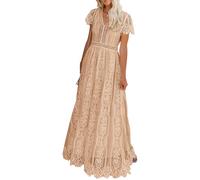 MEROKEETY - Robe Longue pour Femme avec col en V et Manches Courtes en Dentelle Florale - Mariage - Demoiselle d’Honneur - Cocktails, Abricot, Taille XL