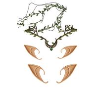 Merroyal Chaîne de tête vintage en cristal avec 2 paires d'oreilles d'elfe en latex pour femmes et filles (lune + feuille verte)
