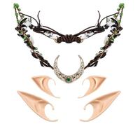Merroyal Ensemble couronne de fée et oreilles d'elfe, coiffe croissant de lune des bois avec 2 paires d'oreilles d'elfes douces, accessoire de festival de la Renaissance et de cosplay (noir argenté)