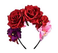 Merroyal Frida Kahlo Couronne de fleurs mexicaine pour la fête des morts, serre-tête Dia de Los Muertos - Rouge - Taille Unique