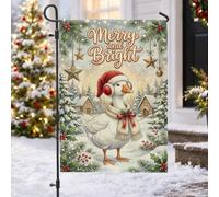 Merry And Bright Drapeau de jardin en oie de Noël 30,5 x 45,7 cm | Chapeau de Père Noël, drapeau de cour, écharpe d'hiver, village enneigé, baies de houx, étoiles suspendues