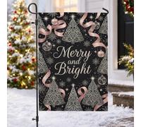 Merry And Bright Drapeau de jardin en or rose 30,5 x 45,7 cm | Rubans or rose, drapeau de pelouse, arbres en filigrane métallique, flocons de neige étincelants, calligraphie élégante
