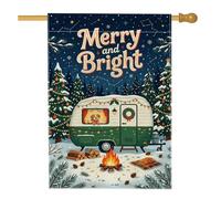 Merry And Bright Drapeau de maison de Noël 71 x 101 cm | Texte joyeux et lumineux, drapeau de cour, forêt enneigée, feu de camp, chien confortable, pins, thème camping d'hiver