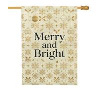 Merry And Bright Drapeau de maison de Noël en forme de flocon de neige Doré | Accents en feuille d'or, drapeau de cour, boules ornées à suspendre, motifs de feuillage d'hiver, salutation saisonnière