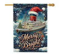 Merry And Bright Drapeau de maison de Noël Motif bateau de croisière 71 x | Doublure de croisière vintage, drapeau de cour, flocons de neige, mer d'hiver, décoration de vacances nautique