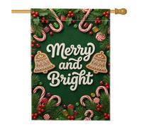 Merry And Bright Drapeau de maison en pain d'épice avec citation Cloches 71 | Canne à sucre, drapeau de cour, branches de pin, thème vacances d'hiver, décoration de porche extérieure