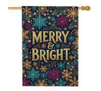 Merry and Bright Drapeau de Noël avec citation flocons de neige 71 x 101 cm | Typographie dorée, drapeau de cour, accents de branches de pin, thème du pays des merveilles d'hiver