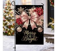 Merry And Bright Drapeau de Noël avec nœud 30,5 x 45,7 cm | Accents or rose, drapeau de cour, motif floral poinsettia, lettrage élégant, décoration extérieure d'hiver