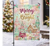 Merry And Bright Drapeau en pain d'épice pour maison et jardin 30,5 x 45,7 | Canges de bonbons, drapeau de cour, arbres de Noël, boîtes cadeaux, pays des merveilles d'hiver, décoration de cour de