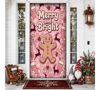 Merry And Bright Gingerbread Man Housses de porte de Noël 91,4 x 182,9 cm | Esthétique rétro, bannière de porche, thème pain d'épices, motif renne, accents de canne à sucre, installation facile à
