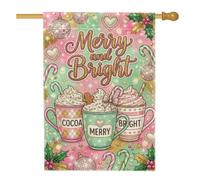 Merry And Bright Hot Cocoa Tasse avec citation drapeau de maison 71 x 101 | Canges de bonbons, drapeau de cour, boules disco, feuilles de houx, biscuits en pain d'épices, dégradé pastel, saison d'hiver