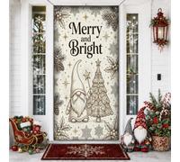 Merry And Bright Housse de porte avec citation de nain de Noël 91,4 x 182,9 | Merry And Bright Greeting, bannière de porche, art au trait complexe, baguette d'étoile, accents de houx et de pommes de pin