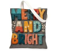 Merry and Bright Sac fourre-tout en toile réutilisable Motif texte de vacances Hiver Rustique Léger Lavable Bandoulière Fo, gris, 13x15 Inch