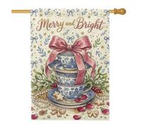 Merry And Bright Teacup Drapeau de maison avec citation en anglais « Merry | Motif arbres, drapeau de pelouse, ruban de pêche, gui, motifs étoiles, décoration d'hiver, thème goûter