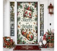 Merry And Bright Woodland Stocking Housses de porte de Noël 91,4 x 182,9 cm | Animaux de la forêt, panneau de porte d'entrée, oiseaux cardinaux, aiguilles de pin, thème d'hiver rustique