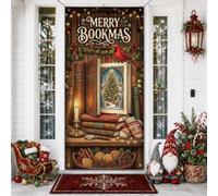 Merry Bookmas Couvre-porte de Noël sur le thème de la bibliothèque 91,4 x | Thème livre vintage, panneau de porte d'entrée, oiseau cardinal, pin d'hiver, bibliothèque rustique esthétique