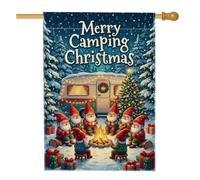 Merry Camping Drapeau de maison de nains de Noël 71,1 x 101,6 cm | Camping rétro, drapeau de cour, feu de joie, forêt de pins enneigés, boîtes cadeaux, camping d'hiver