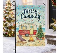 Merry Camping Drapeau de Noël Plage Camping Jardin 30,5 x 45,7 cm | Drapeau vintage pour camping, cour, thème plage tropicale, guirlande lumineuse, feu de camp, décoration extérieure