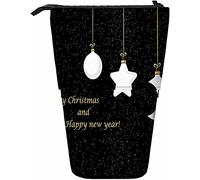 Merry Christmas And Happy New Year Trousse à crayons télescopique Boîte de rangement pour stylos avec fermeture à glissière pour femmes hommes garçons filles Ball Shiny Sparkle Star Glitter Moon