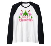 Merry Christmas Funny Xmas Tree Santa Hat Flamingo Christmas Manche Raglan